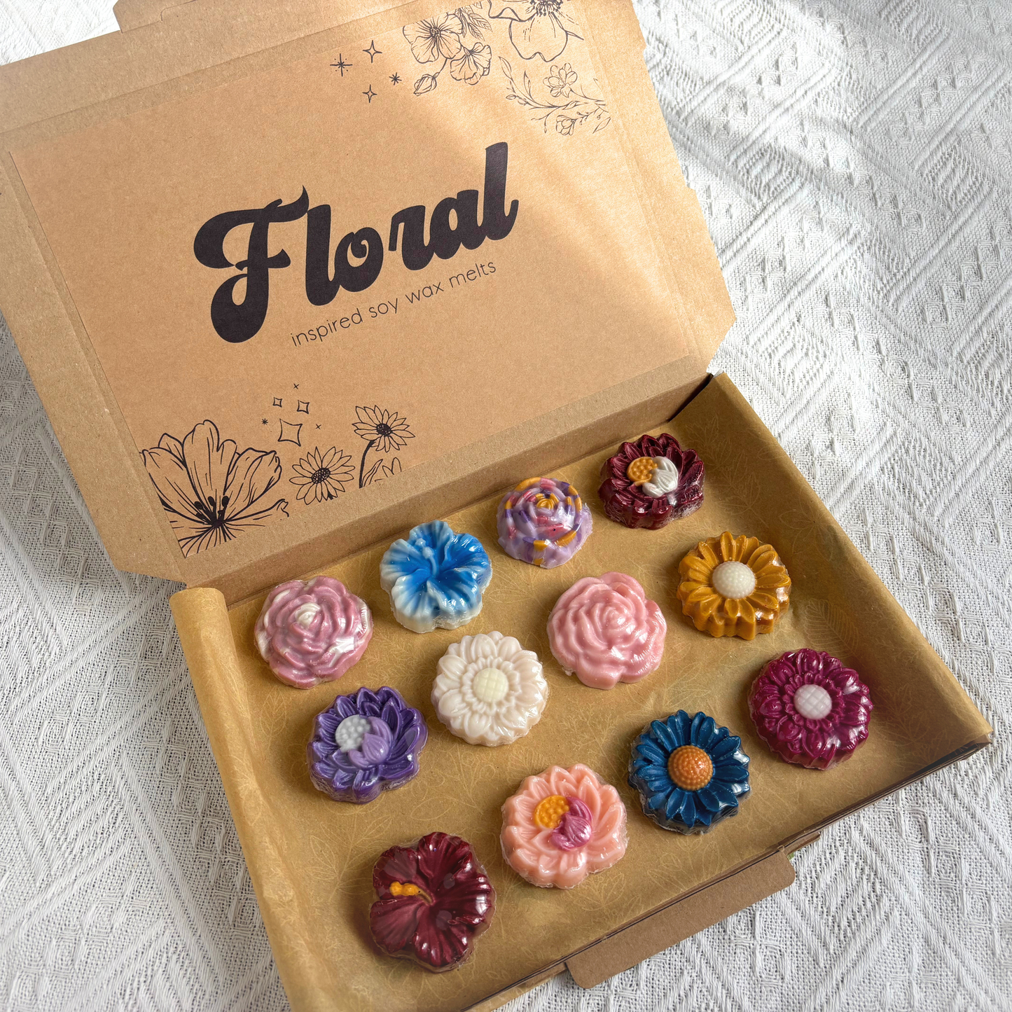 Floral Wax Melts Mystery Box | Highly Scented Soy Wax Melts Bundle | Flower Shape Aromatherapy Scent Wax Tarts | Premium Letterbox Gift Idea Wax Melt Enthusiast Gift Idea for wax melt lover unique wax melts gifts rose scent flower shaped wax tarts aromatherapy gift melts scents letterbox gifts